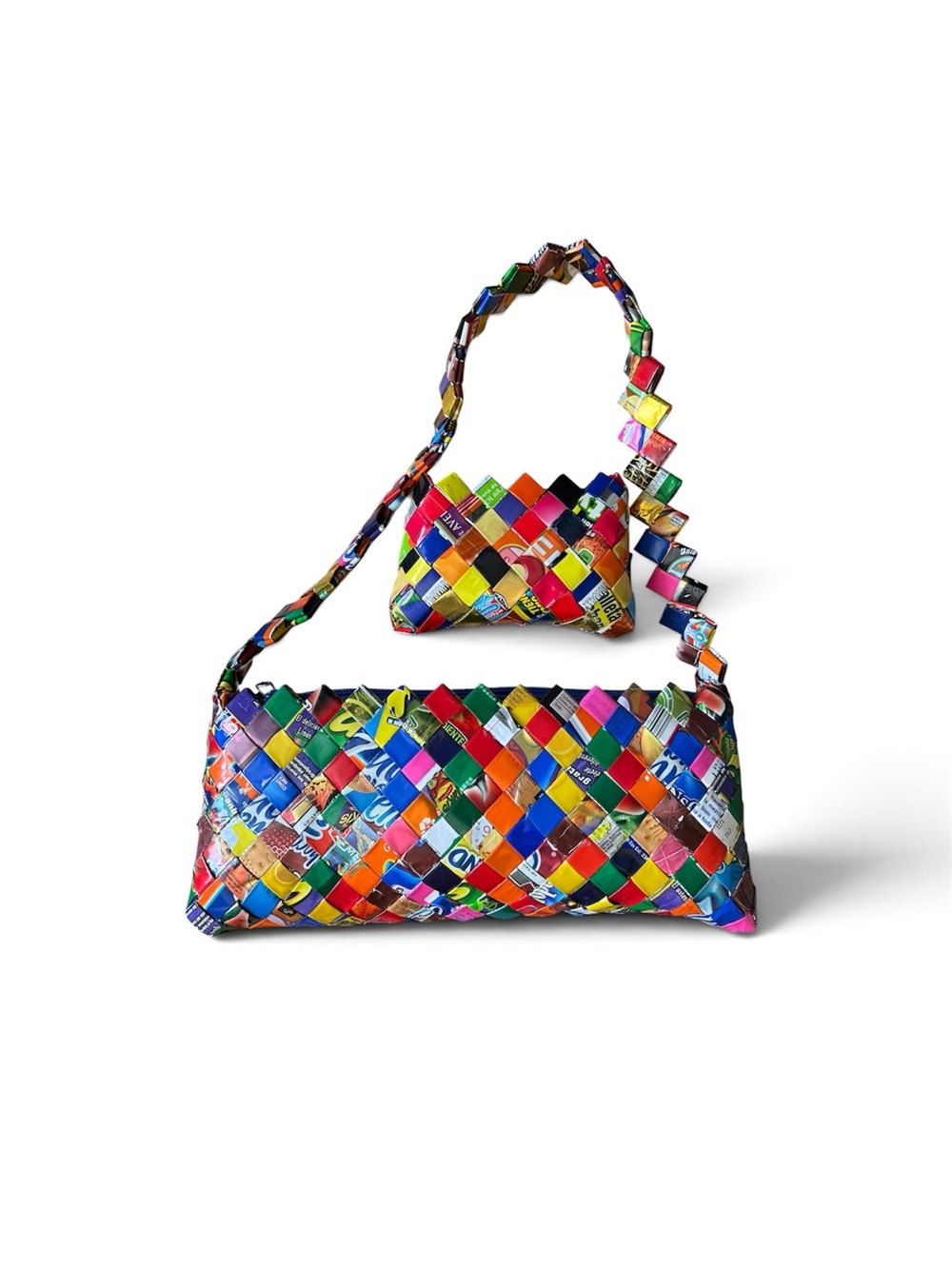 Handwoven Multicolor Shoulder Bag w/ Coin Purse Eco Friendly Candy Wrapper Flaw